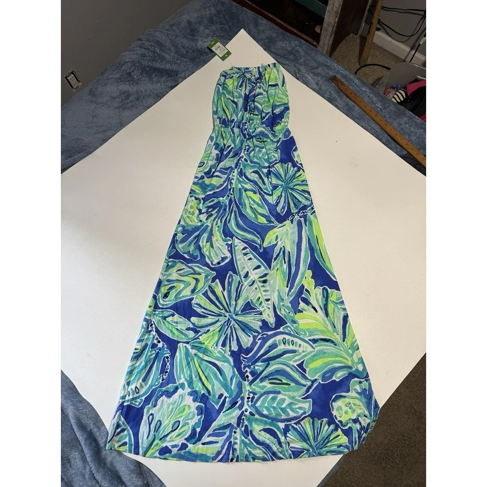 Lilly Pulitzer Marlisa Maxi Dress Womens XS Blue Green Floral Strapless Elastic - Picture 2 of 5